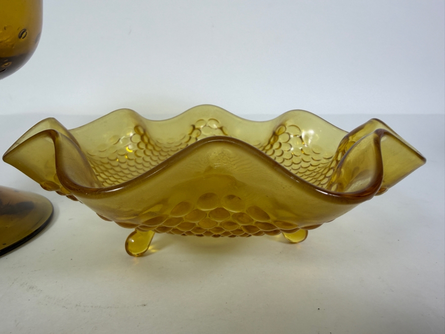 Mid-century Modern Bischoff Amber Glass Compote 6.25'H and Fenton Art Glass Company Footed Hobnail Candy Dish [Photo 7]