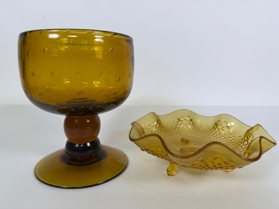 Mid-century Modern Bischoff Amber Glass Compote 6.25'H and Fenton Art Glass Company Footed Hobnail Candy Dish [Photo 3]