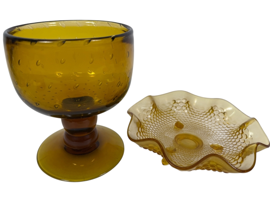 Mid-century Modern Bischoff Amber Glass Compote 6.25'H and Fenton Art Glass Company Footed Hobnail Candy Dish