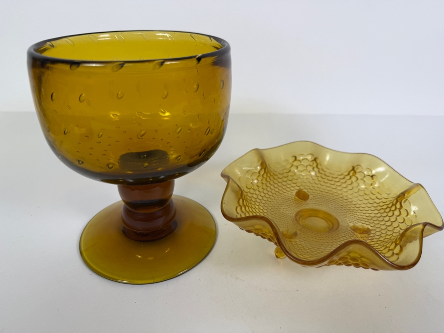 Mid-century Modern Bischoff Amber Glass Compote 6.25'H and Fenton Art Glass Company Footed Hobnail Candy Dish [Photo 2]