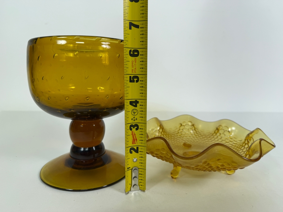 Mid-century Modern Bischoff Amber Glass Compote 6.25'H and Fenton Art Glass Company Footed Hobnail Candy Dish [Photo 8]