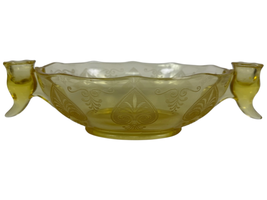Fostoria Trojan Pattern Candle Bowl in Topaz Yellow 12.5W X 7D X 3.25H