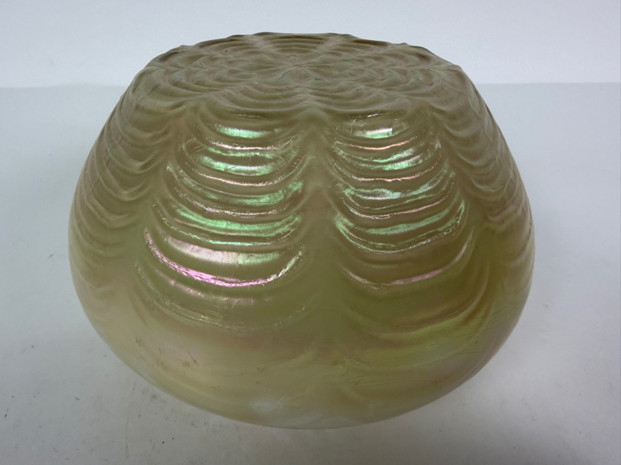 Antique Bohemian Art Nouveau Kralik Iridescent Glass Rose Bowl Vase With Metal Frog 4.5H [Photo 7]