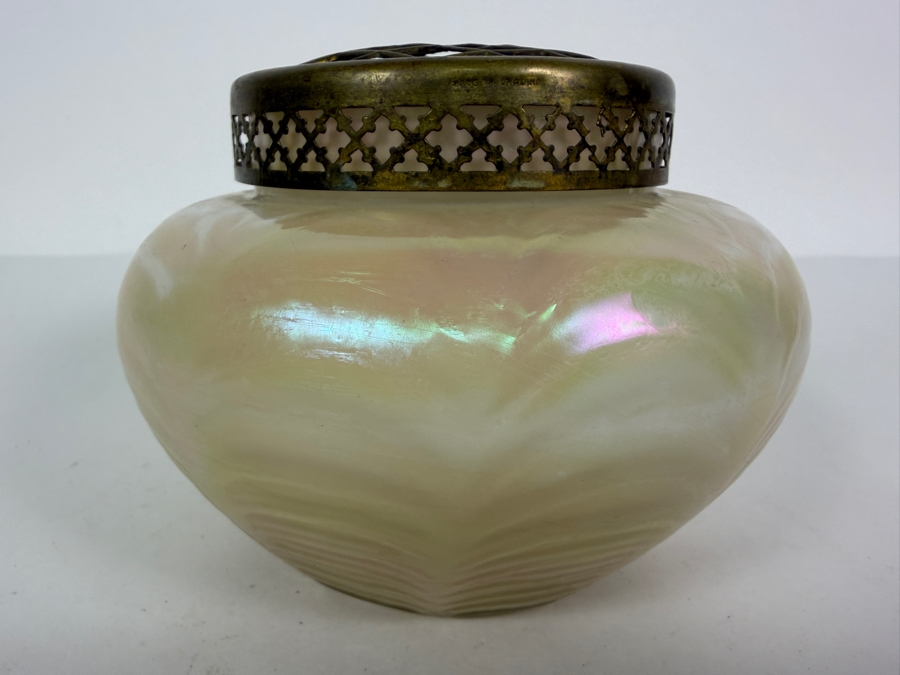 Antique Bohemian Art Nouveau Kralik Iridescent Glass Rose Bowl Vase With Metal Frog 4.5H [Photo 5]