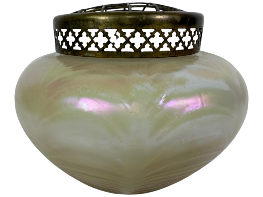 Antique Bohemian Art Nouveau Kralik Iridescent Glass Rose Bowl Vase With Metal Frog 4.5H