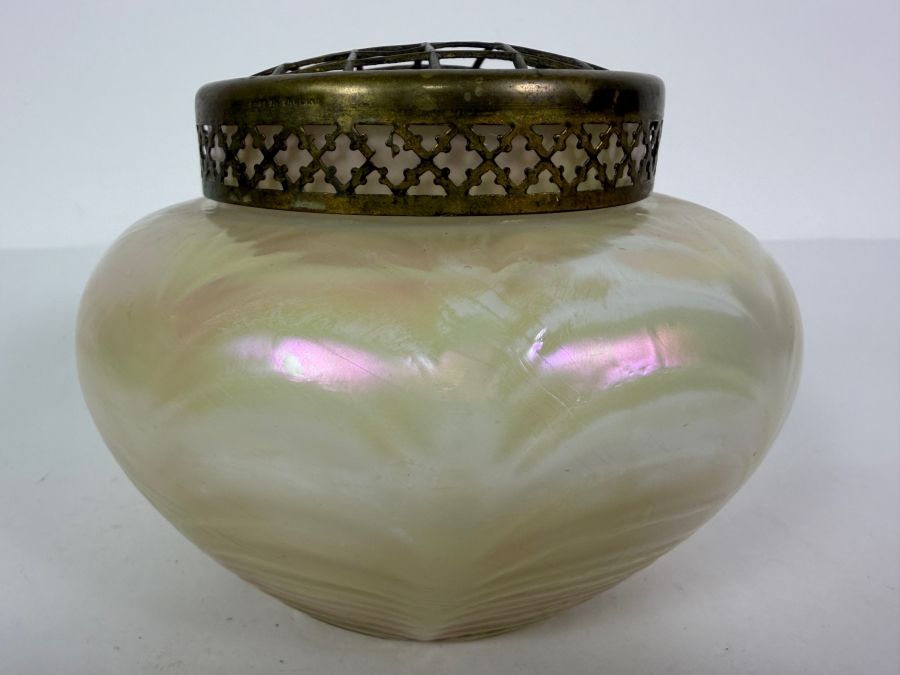 Antique Bohemian Art Nouveau Kralik Iridescent Glass Rose Bowl Vase With Metal Frog 4.5H [Photo 2]