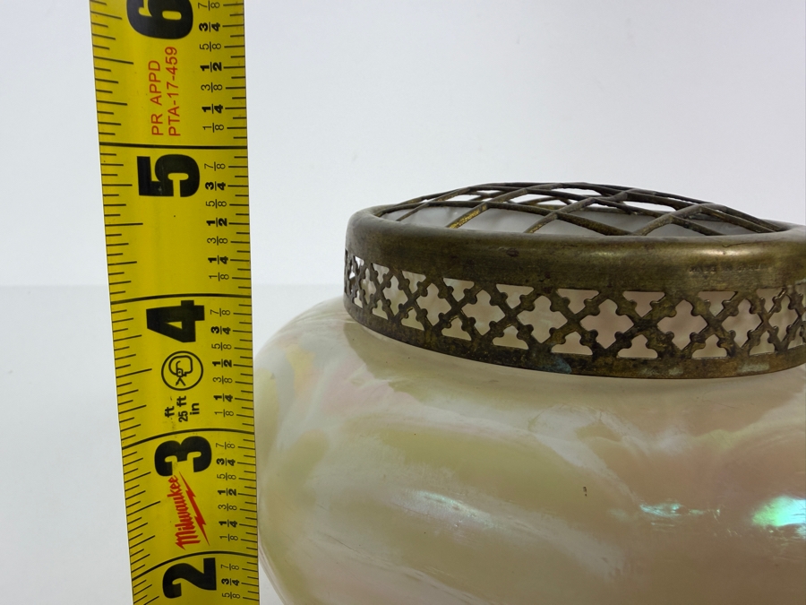 Antique Bohemian Art Nouveau Kralik Iridescent Glass Rose Bowl Vase With Metal Frog 4.5H [Photo 8]