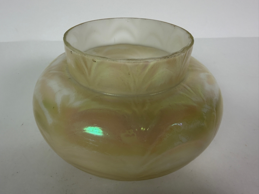 Antique Bohemian Art Nouveau Kralik Iridescent Glass Rose Bowl Vase With Metal Frog 4.5H [Photo 6]