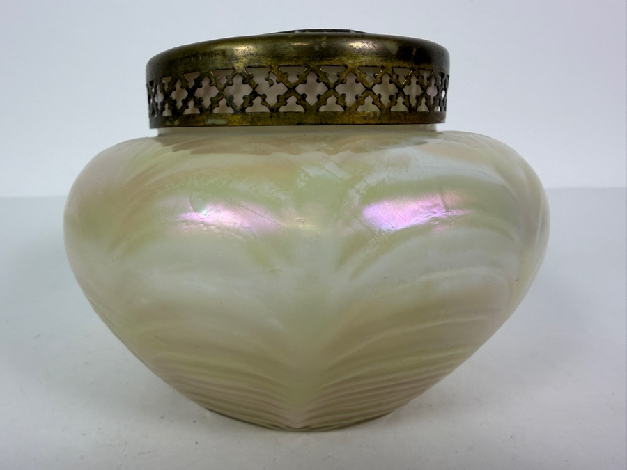 Antique Bohemian Art Nouveau Kralik Iridescent Glass Rose Bowl Vase With Metal Frog 4.5H [Photo 3]