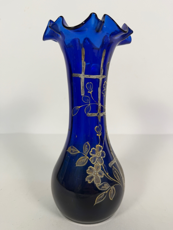 Antique English Victorian Bristol Glass Hand Painted Vase 9H [Photo 4]
