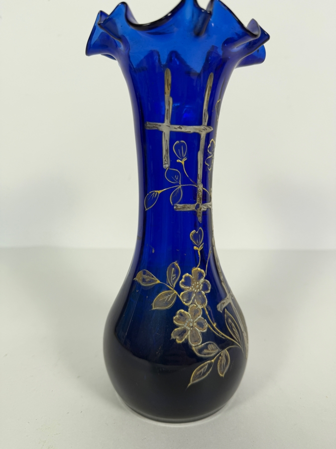 Antique English Victorian Bristol Glass Hand Painted Vase 9H [Photo 3]