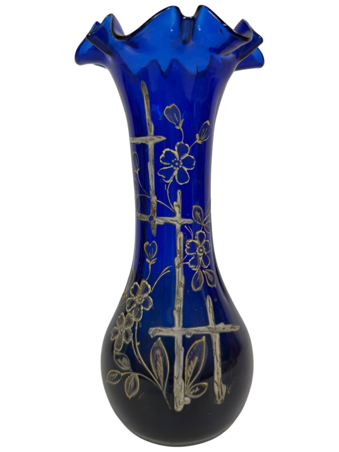 Antique English Victorian Bristol Glass Hand Painted Vase 9H