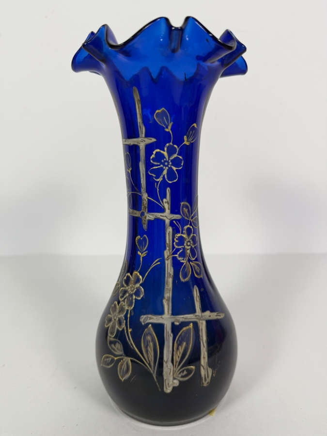 Antique English Victorian Bristol Glass Hand Painted Vase 9H [Photo 2]