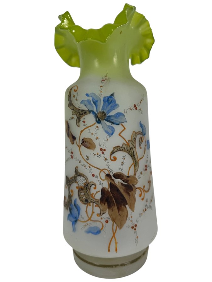 Antique English Victorian Bristol Glass Hand Painted Vase 10.5H