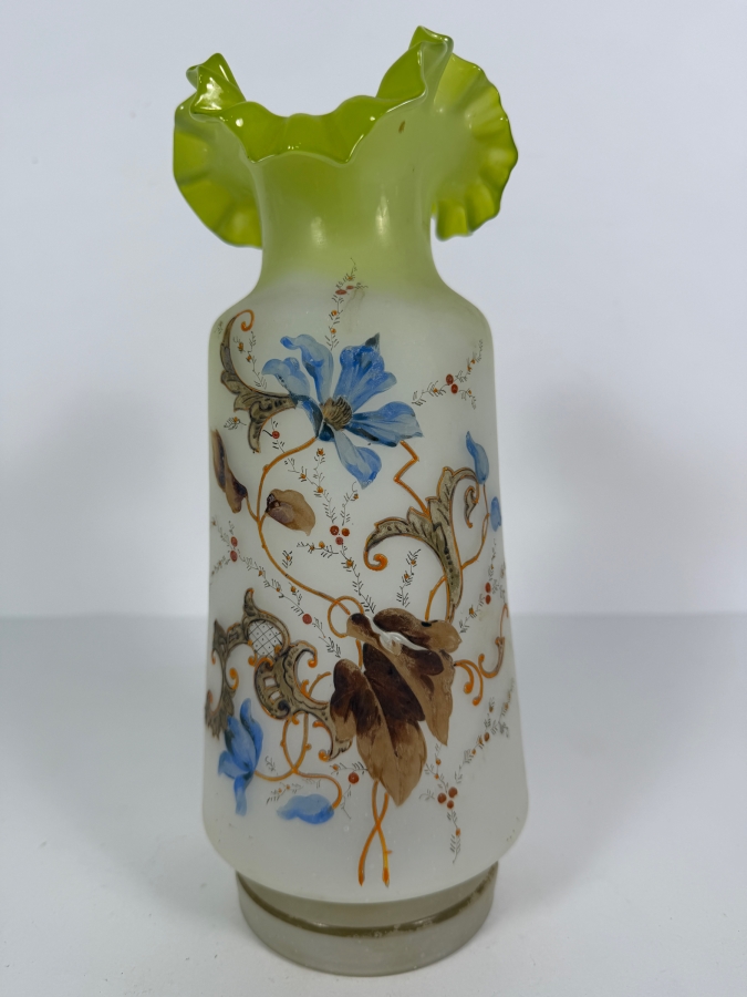 Antique English Victorian Bristol Glass Hand Painted Vase 10.5H [Photo 2]