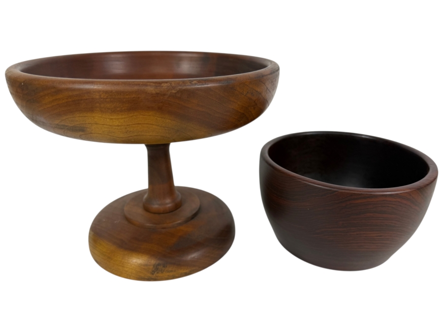 MCM Wooden Footed Pedestal Bowl 6.75H and Rosewood Bowl 3.5H