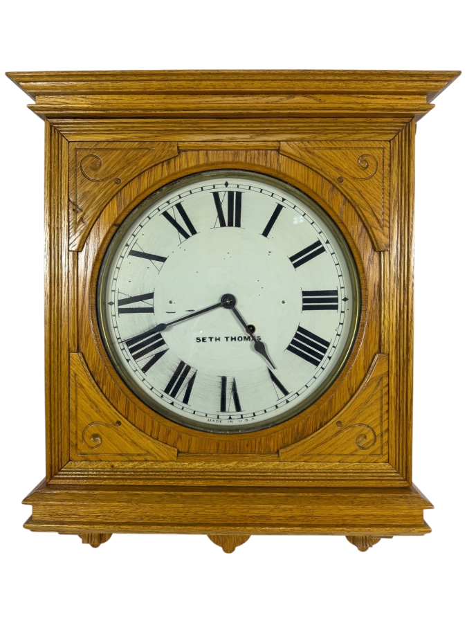 Antique Seth Thomas Office No. 5 Wall Clock with Oak Case Working 19W X 5.5D X 23H