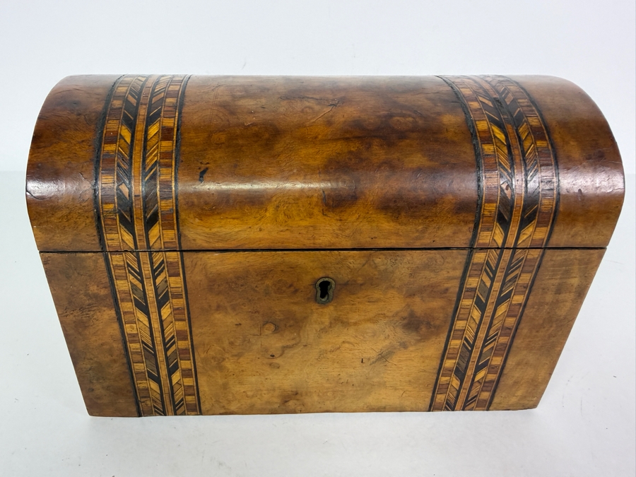 Antique Victorian Walnut Domed Tea Caddy Featuring Distinctive Herringbone Inlay 9W X 5D X 6H [Photo 2]