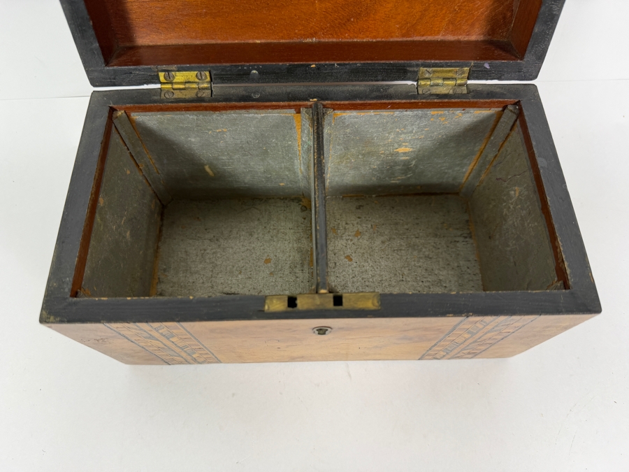 Antique Victorian Walnut Domed Tea Caddy Featuring Distinctive Herringbone Inlay 9W X 5D X 6H [Photo 6]