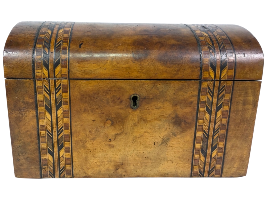 Antique Victorian Walnut Domed Tea Caddy Featuring Distinctive Herringbone Inlay 9W X 5D X 6H