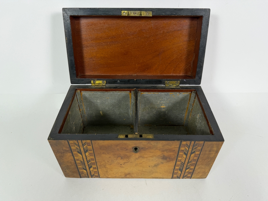 Antique Victorian Walnut Domed Tea Caddy Featuring Distinctive Herringbone Inlay 9W X 5D X 6H [Photo 5]