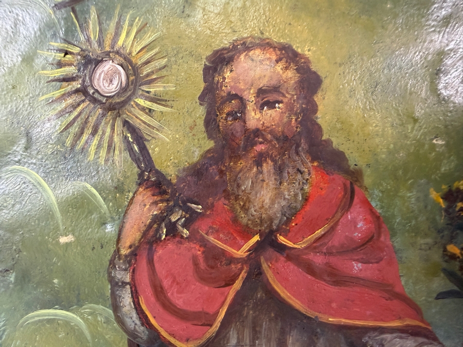 Antique 19th Century Original Mexican Retablo Painting On Tin Depicting Saint Raymond Nonatus 7 X 10 Framed 11 X 14 [Photo 4]