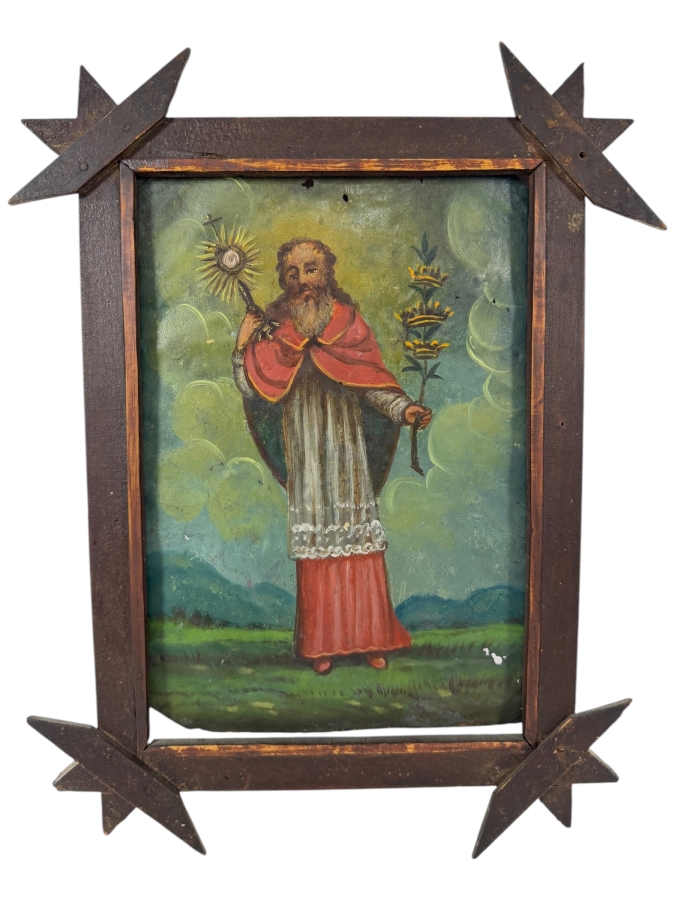 Antique 19th Century Original Mexican Retablo Painting On Tin Depicting Saint Raymond Nonatus 7 X 10 Framed 11 X 14