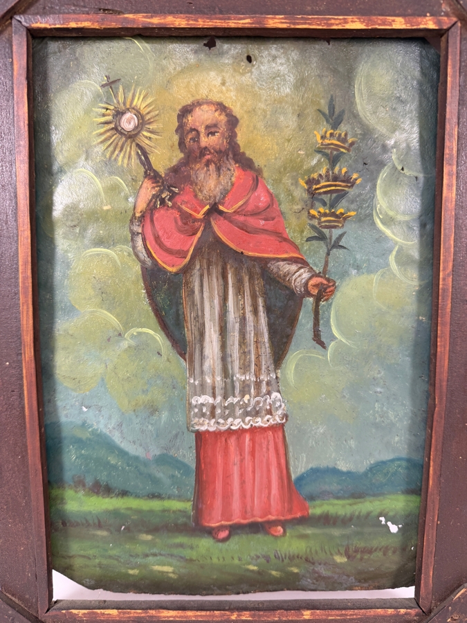 Antique 19th Century Original Mexican Retablo Painting On Tin Depicting Saint Raymond Nonatus 7 X 10 Framed 11 X 14 [Photo 2]
