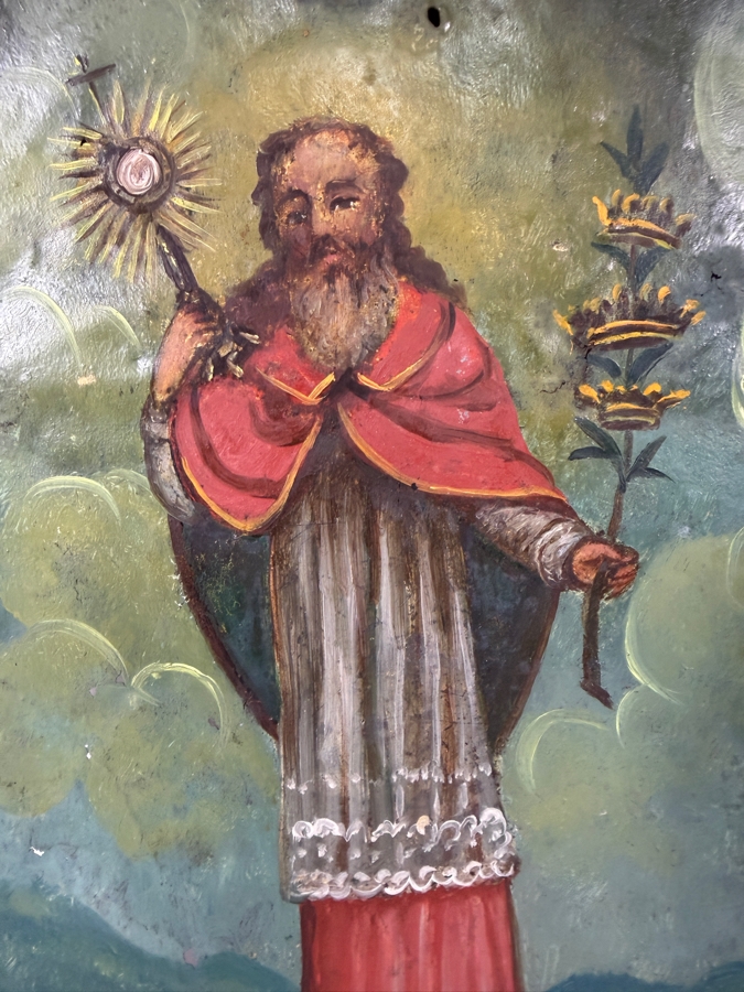 Antique 19th Century Original Mexican Retablo Painting On Tin Depicting Saint Raymond Nonatus 7 X 10 Framed 11 X 14 [Photo 3]