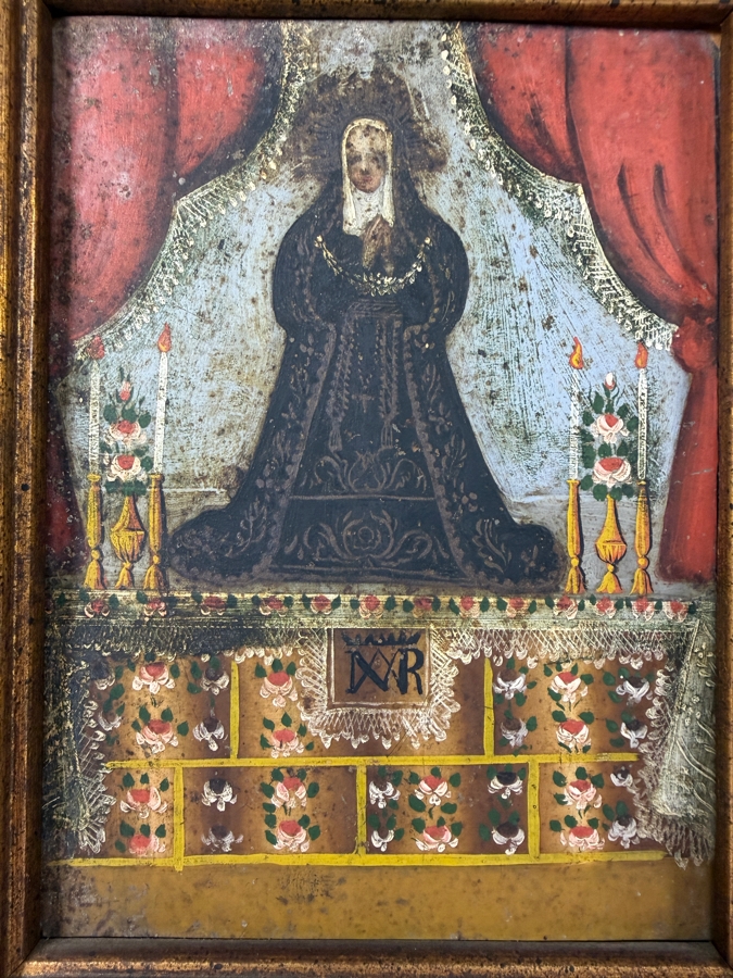 Antique 19th Century Original Mexican Retablo Painting On Tin Depicting The Virgin Mary 5.5 X 7.5 Framed 9 X 11.5 [Photo 2]