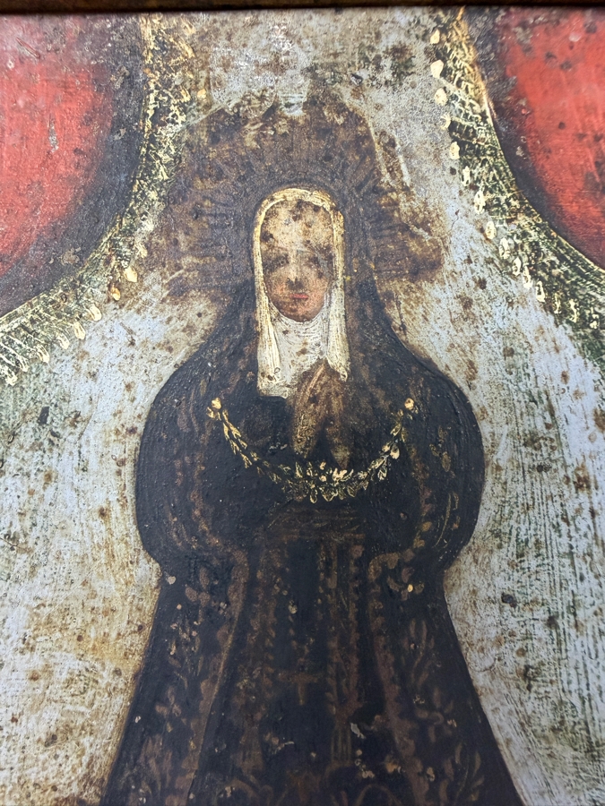 Antique 19th Century Original Mexican Retablo Painting On Tin Depicting The Virgin Mary 5.5 X 7.5 Framed 9 X 11.5 [Photo 4]