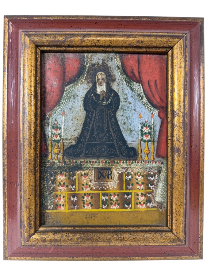 Antique 19th Century Original Mexican Retablo Painting On Tin Depicting The Virgin Mary 5.5 X 7.5 Framed 9 X 11.5