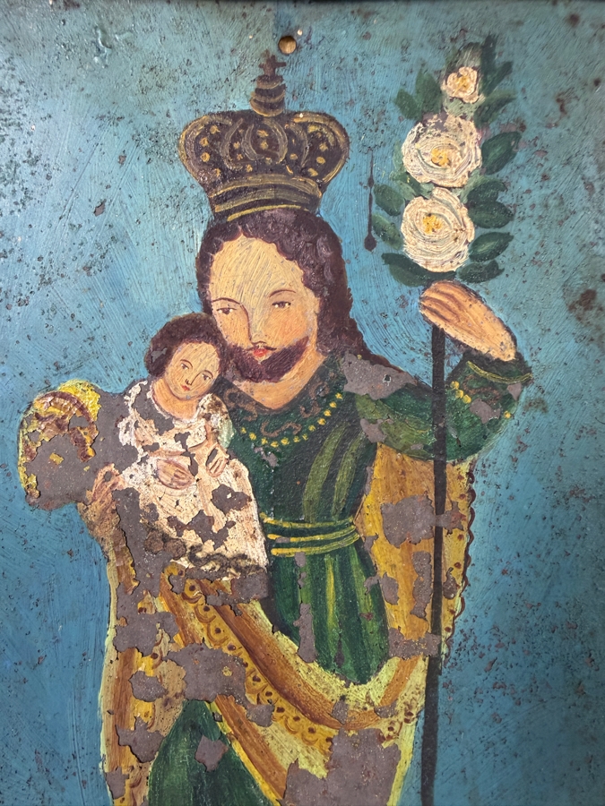 Antique 19th Century Original Mexican Retablo Painting On Tin Depicting Saint Joseph Holding The Christ Child 6.5 X 9.5 Framed 8 X 11 [Photo 3]