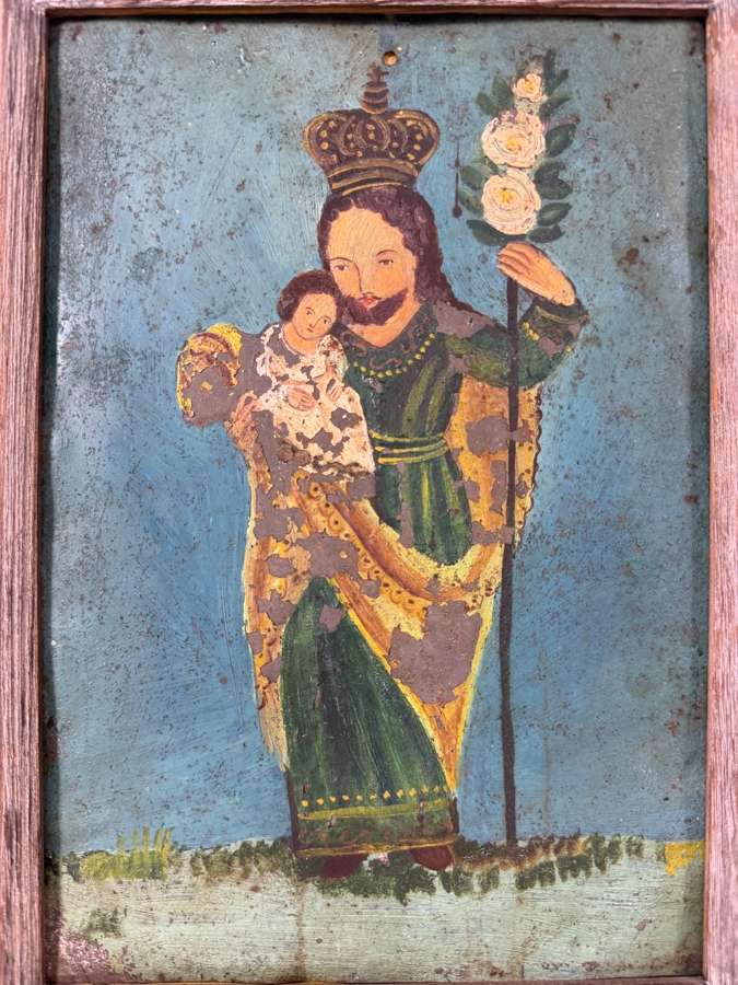 Antique 19th Century Original Mexican Retablo Painting On Tin Depicting Saint Joseph Holding The Christ Child 6.5 X 9.5 Framed 8 X 11 [Photo 2]