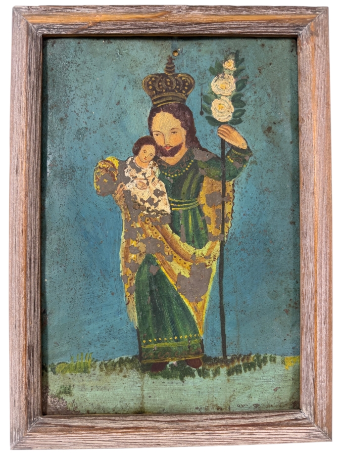Antique 19th Century Original Mexican Retablo Painting On Tin Depicting Saint Joseph Holding The Christ Child 6.5 X 9.5 Framed 8 X 11