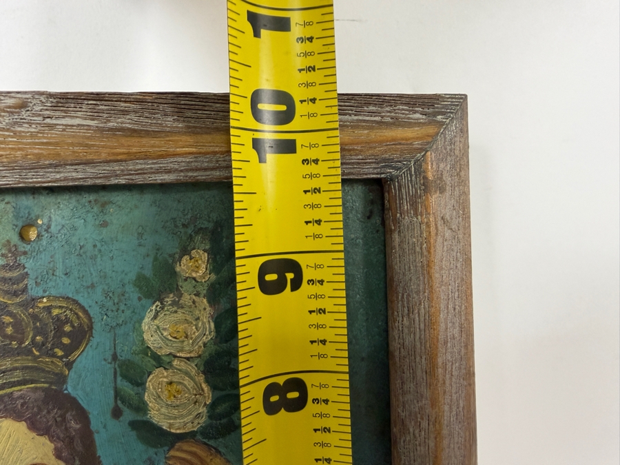 Antique 19th Century Original Mexican Retablo Painting On Tin Depicting Saint Joseph Holding The Christ Child 6.5 X 9.5 Framed 8 X 11 [Photo 6]