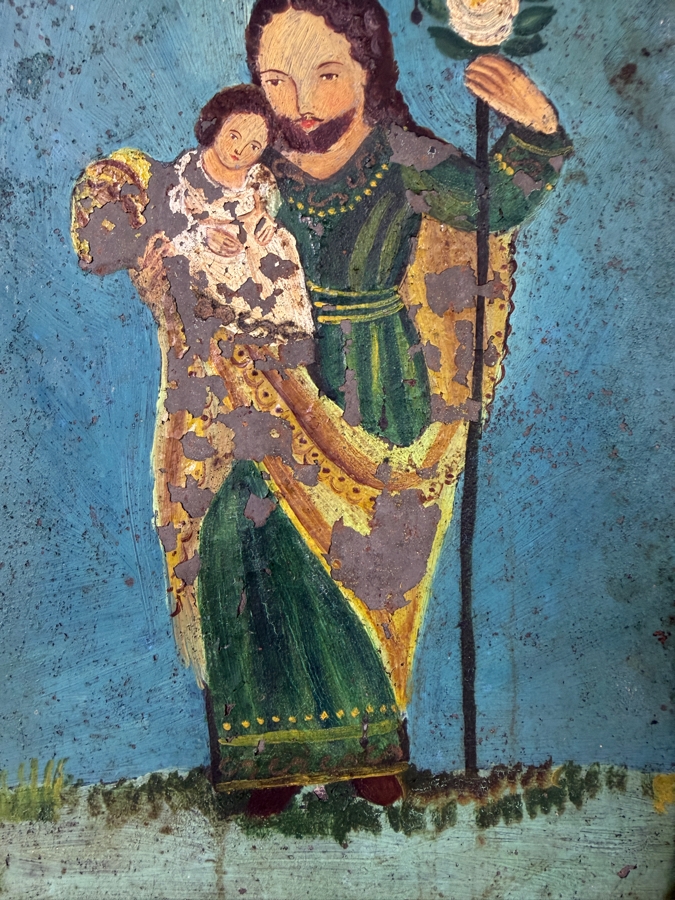 Antique 19th Century Original Mexican Retablo Painting On Tin Depicting Saint Joseph Holding The Christ Child 6.5 X 9.5 Framed 8 X 11 [Photo 4]