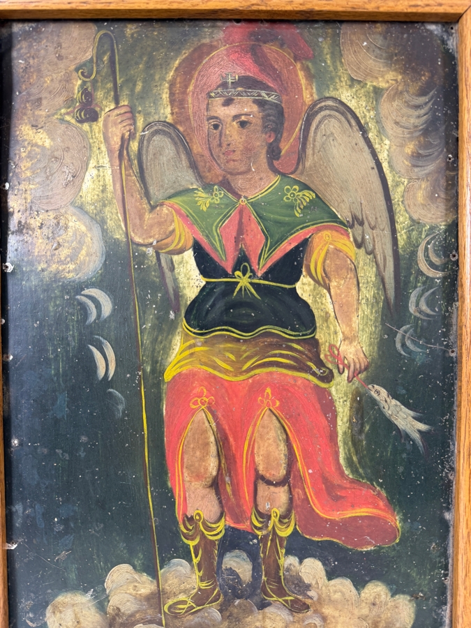 Antique 19th Century Original Mexican Retablo Painting On Tin Depicting Saint Raphael The Archangel 9.5 X 13.5 Framed 11 X 15 [Photo 3]