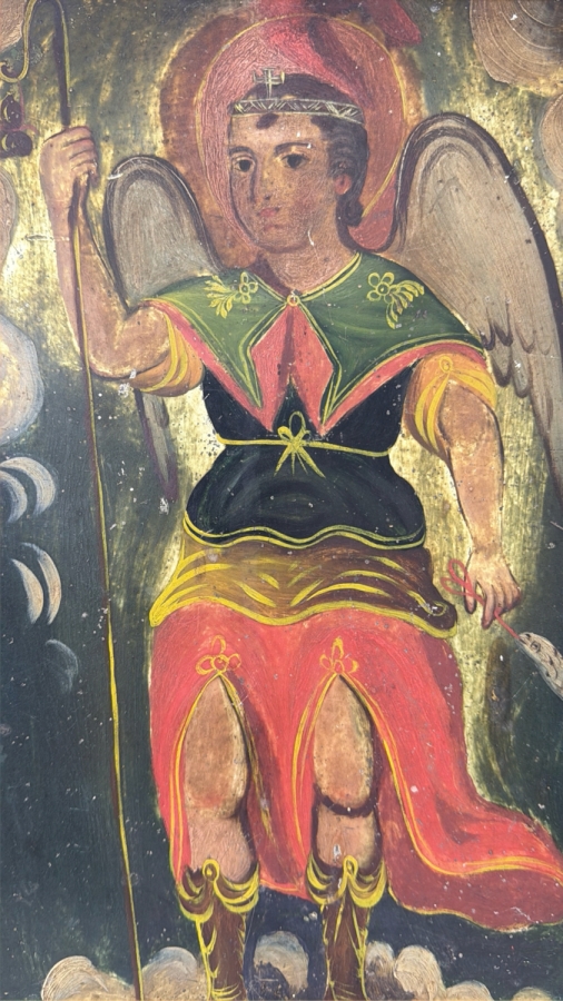 Antique 19th Century Original Mexican Retablo Painting On Tin Depicting Saint Raphael The Archangel 9.5 X 13.5 Framed 11 X 15 [Photo 2]
