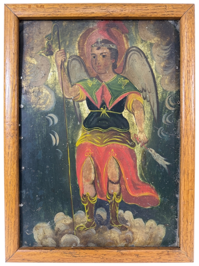 Antique 19th Century Original Mexican Retablo Painting On Tin Depicting Saint Raphael The Archangel 9.5 X 13.5 Framed 11 X 15
