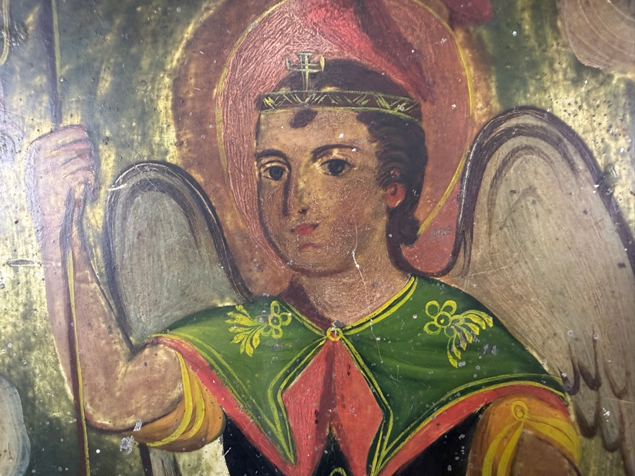 Antique 19th Century Original Mexican Retablo Painting On Tin Depicting Saint Raphael The Archangel 9.5 X 13.5 Framed 11 X 15 [Photo 4]