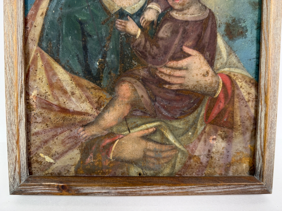 Antique 19th Century Original Mexican Retablo Painting On Tin Depicting Saint Joseph Holding The Christ Child 9.75 X 13.5 Framed 11 X 15.5 [Photo 5]