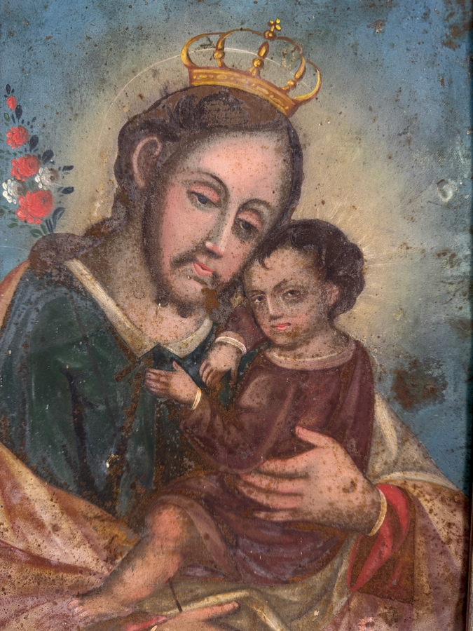 Antique 19th Century Original Mexican Retablo Painting On Tin Depicting Saint Joseph Holding The Christ Child 9.75 X 13.5 Framed 11 X 15.5 [Photo 2]