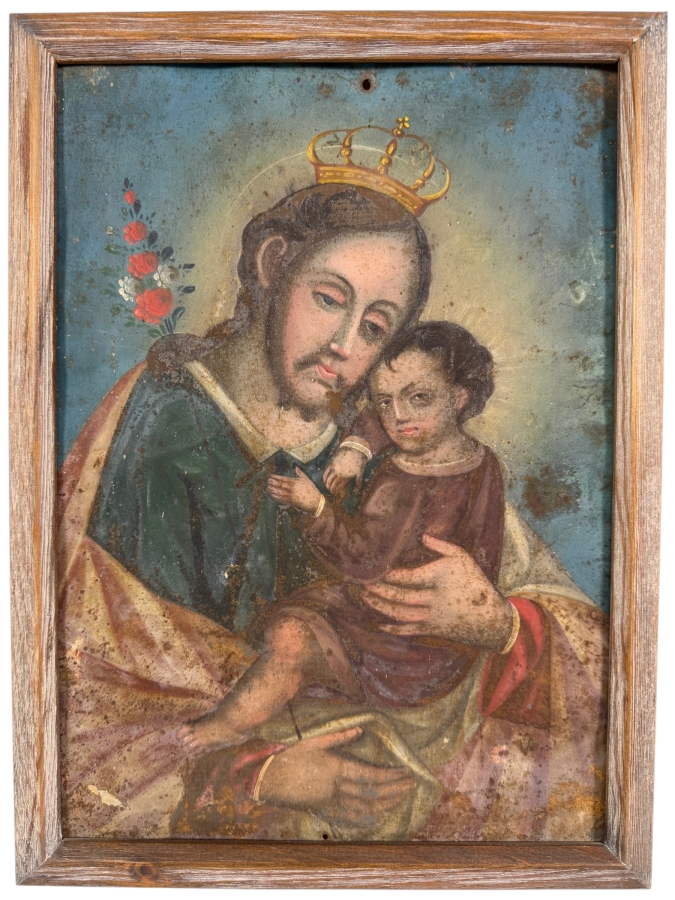 Antique 19th Century Original Mexican Retablo Painting On Tin Depicting Saint Joseph Holding The Christ Child 9.75 X 13.5 Framed 11 X 15.5