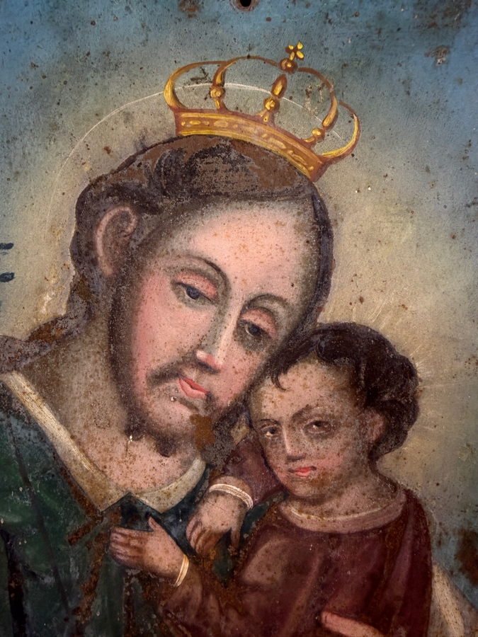 Antique 19th Century Original Mexican Retablo Painting On Tin Depicting Saint Joseph Holding The Christ Child 9.75 X 13.5 Framed 11 X 15.5 [Photo 3]