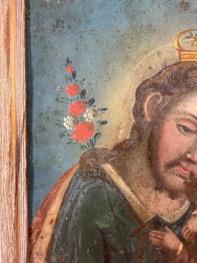 Antique 19th Century Original Mexican Retablo Painting On Tin Depicting Saint Joseph Holding The Christ Child 9.75 X 13.5 Framed 11 X 15.5 [Photo 4]