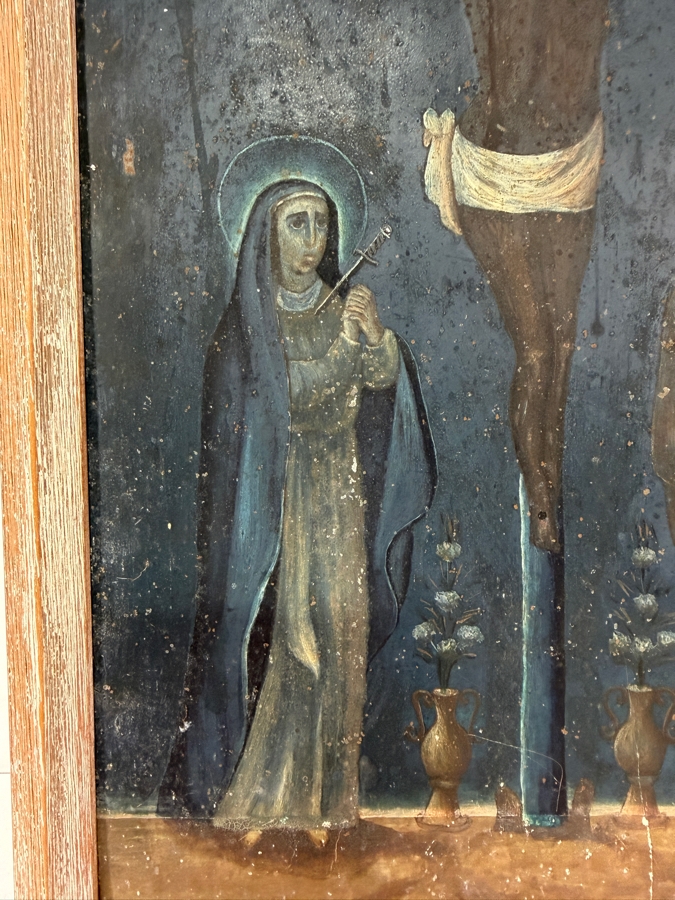 Antique 19th Century Original Mexican Retablo Painting On Tin Depicting The Crucifixion Of Christ With The Virgin Mary On The Left And Saint John The Apostle On The Right 9.5 X 13.75 Framed 11 X 15.5 [Photo 4]