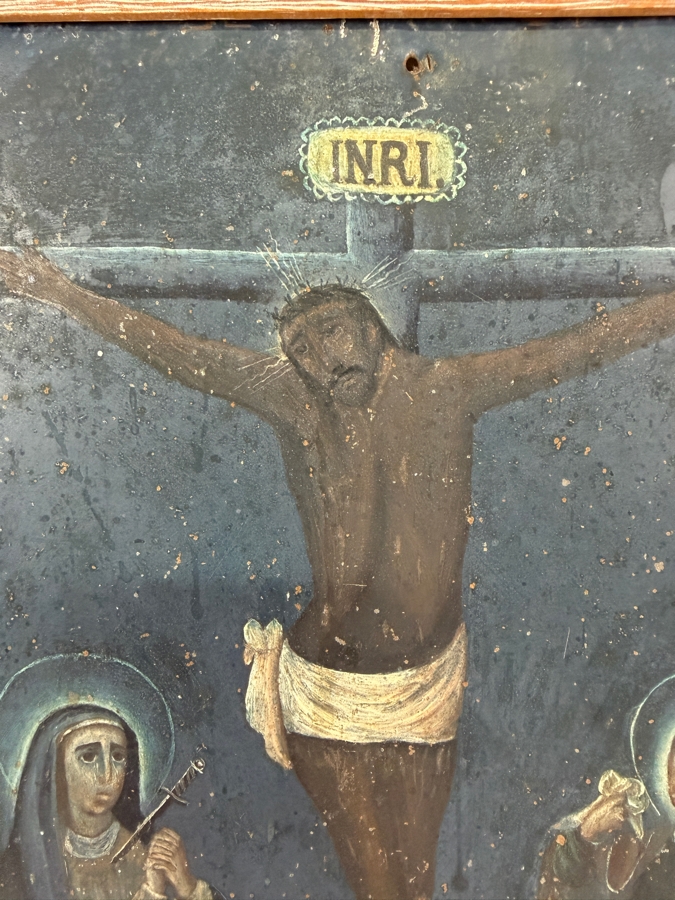 Antique 19th Century Original Mexican Retablo Painting On Tin Depicting The Crucifixion Of Christ With The Virgin Mary On The Left And Saint John The Apostle On The Right 9.5 X 13.75 Framed 11 X 15.5 [Photo 2]