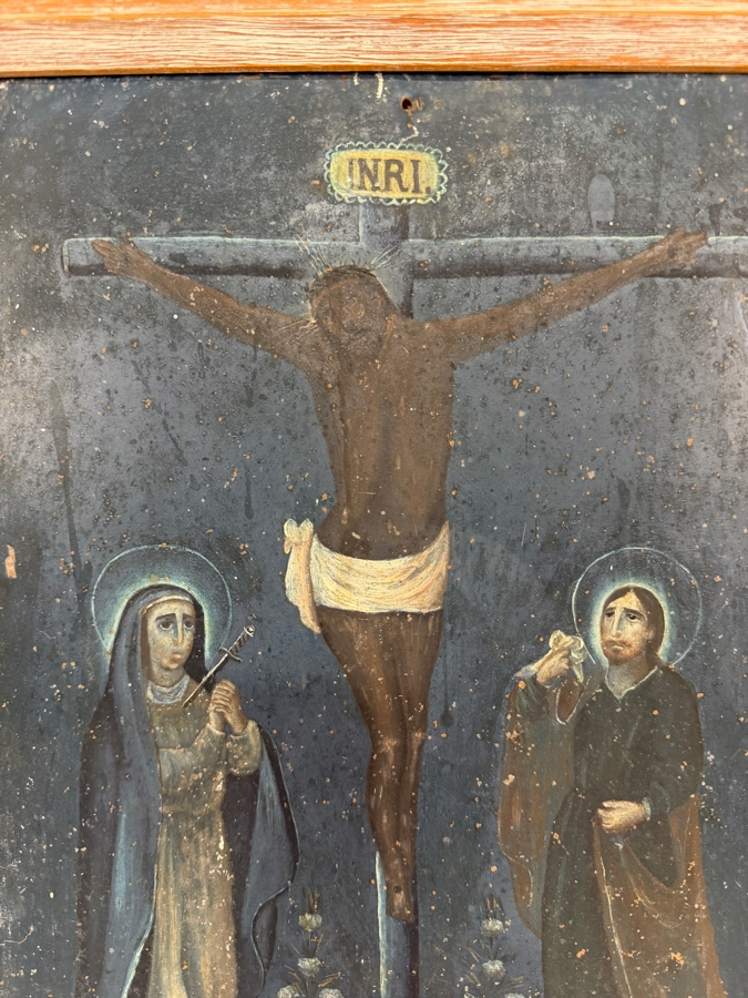 Antique 19th Century Original Mexican Retablo Painting On Tin Depicting The Crucifixion Of Christ With The Virgin Mary On The Left And Saint John The Apostle On The Right 9.5 X 13.75 Framed 11 X 15.5 [Photo 3]