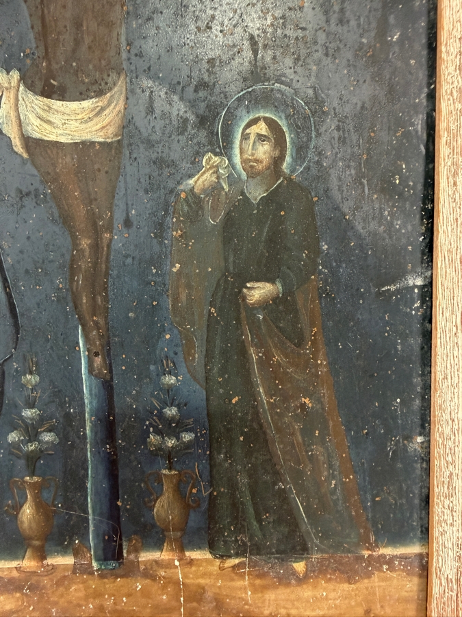 Antique 19th Century Original Mexican Retablo Painting On Tin Depicting The Crucifixion Of Christ With The Virgin Mary On The Left And Saint John The Apostle On The Right 9.5 X 13.75 Framed 11 X 15.5 [Photo 5]